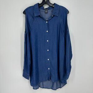 Chelsea & Theodore Cold Shoulder Button Down‎ Shirt Denim Chambray Long Sleeve